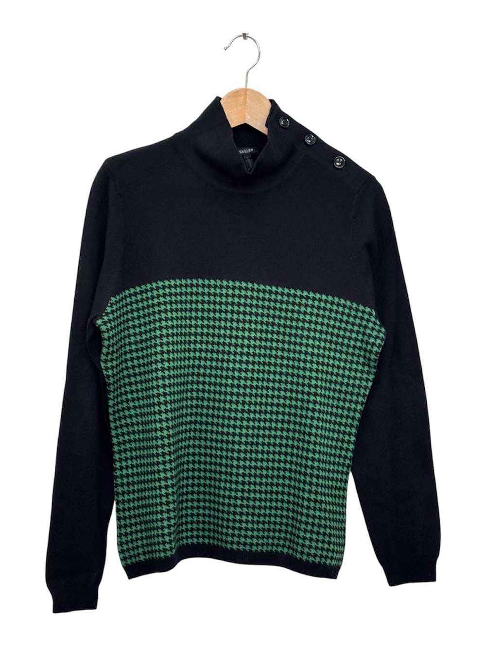 Basler Wool Blend Houndstooth Turtleneck Sweater Green Black Colorblock Medium
